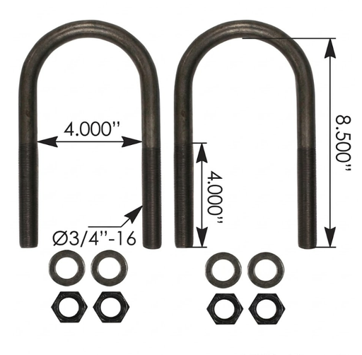 [AUBK8154-083] Abrazadera U Delantera ancho 4" - Largo 8.5" - 4" Rosca de 3/4  Freightliner Mack